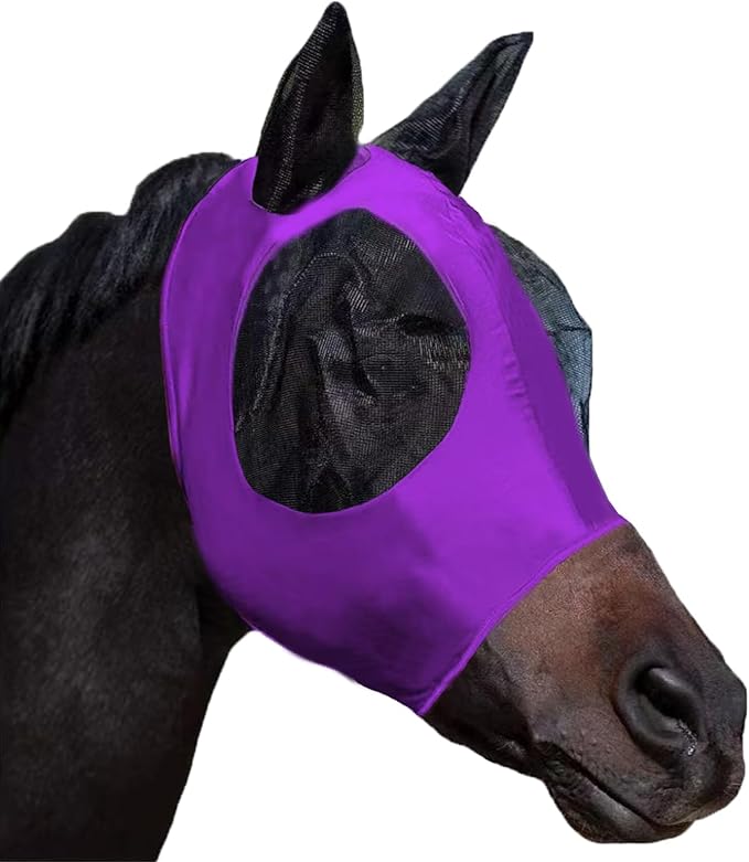Horse Fly Mask with Ears, Comfortable Fit Stretch Fabric with UV Protection Soft on Skin Breathability for Small/Medium Size Horses (Purple)
