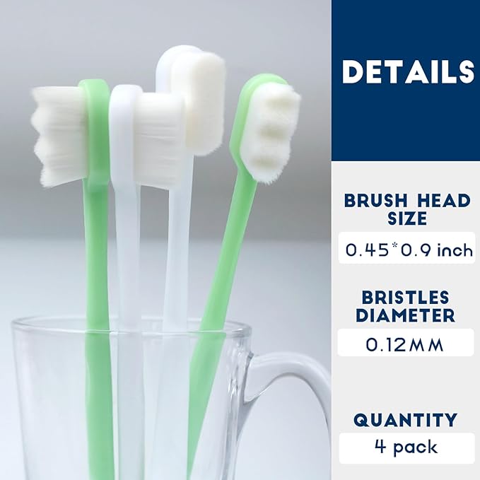 Dog Toothbrush Kit 4 Pack, 10,000 Ultra-Soft Bristles, Dog Tooth Brush for Medium to Large Dogs & Cats, Pet Tooth Brushing Kit for Easy Dental Cleaning, 2 Green Wave Head & 2 White Flat Head