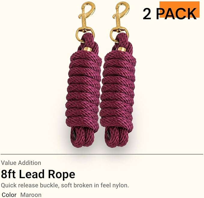 (Pack of 2) Nylon 8ft Lead Ropes for Horse Halters (Maroon)