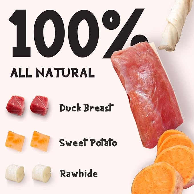 ASMPET Dog Treats Chews, Duck Wrapped Rawhide Sticks Filled with Sweet Potato for Small Medium Large Dogs（6pcs）
