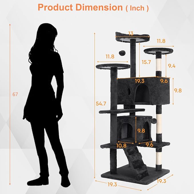 54.7 inches Cat Tower for Indoor Cats, Multi-Level Cat Condos with Scratching Posts, Hanging Toys, Dark Gray