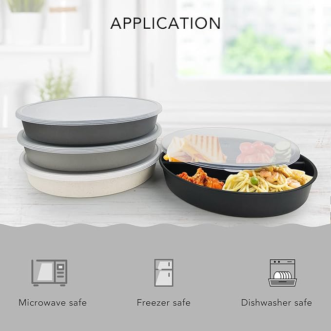 greenandlife 9 Inch 4PCS Divided Plates with Lids, Portion Control Plates for Kids Adults, Dishwasher Microwave Safe Compartment Plate, Unbreakable Lightweight Reusable Wheat Straw Plate, Grey Black