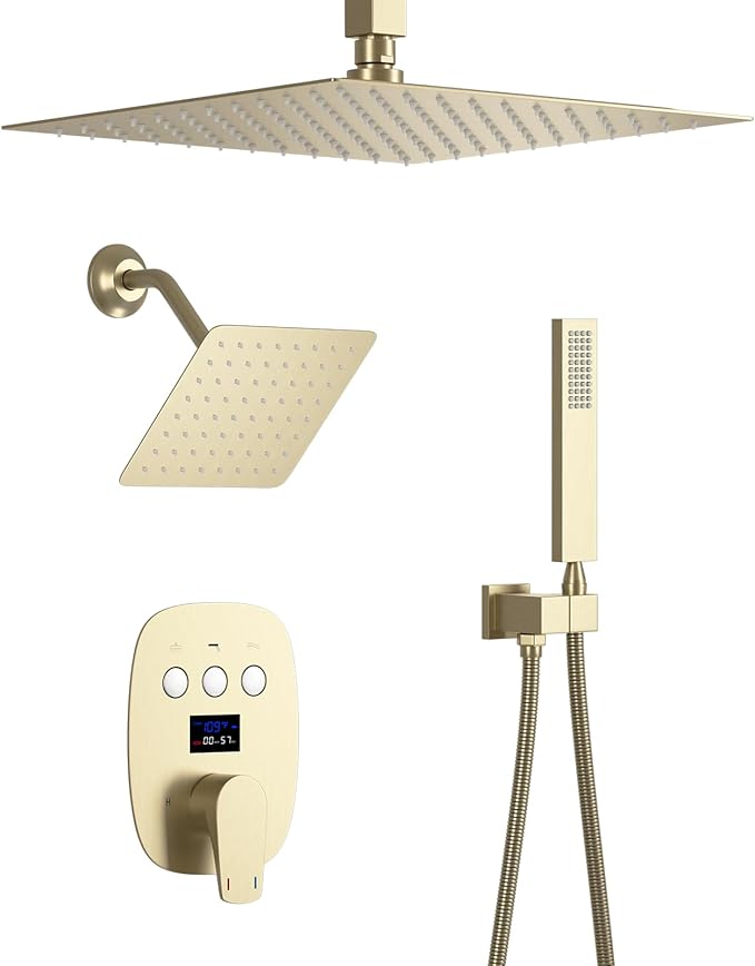 Temperature Display Brushed Gold Shower System Set, Push Button Shower Faucet with 12 inch Ceiling Mount Shower Head and 8 inch Wall Mount Shower Head, with Handheld Shower
