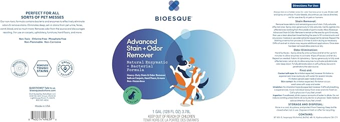 Bioesque Advanced Stain + Odor Remover, Pet-Friendly Natural Enzymatic & Bacterial Formula, Heavy-Duty Stain & Odor Remover, Safe on Carpets, Hard Floors, & More, 1 Gallon (Pack of 1)