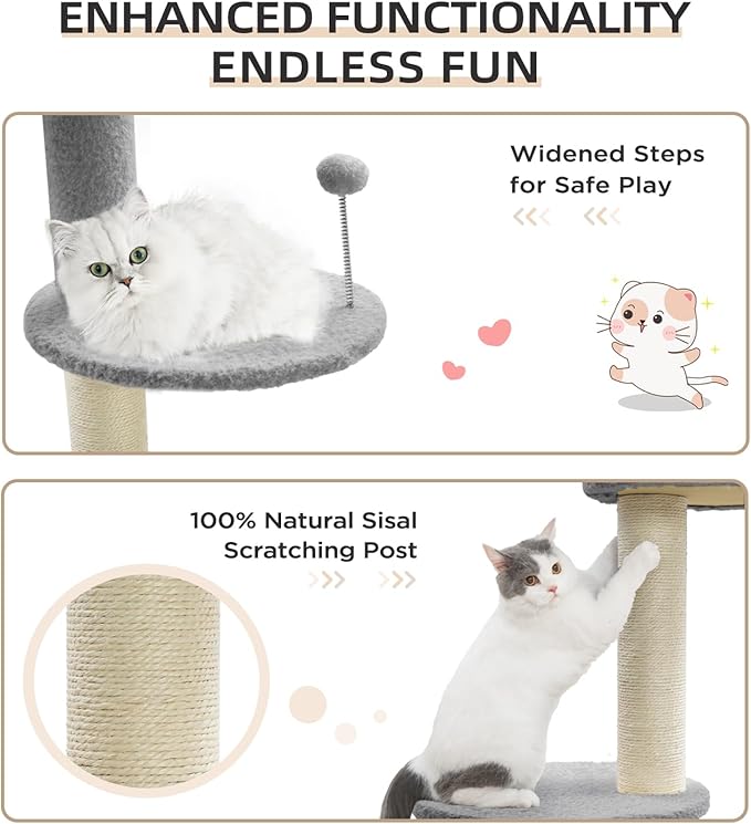 Made4Pets Floor to Ceiling Cat Tree 93-106'',Tall Cat Tower 5 Tiers,Adjustable Height, Stable Cat Tree Tower with Scratching Posts, Fluffy Condo, Hammock and Ball Toy for Indoor Cats/Kitten, Gray