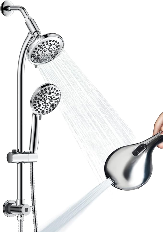 High Pressure Handheld/Rain 82-mode 3-way Shower Head Combo with 25.75" Adjustable Drill-free Stainless Steel Slide Bar, Pet & Tub Power Wash and Anti-clog Nozzles, with 5ft Hose - Polished Chrome