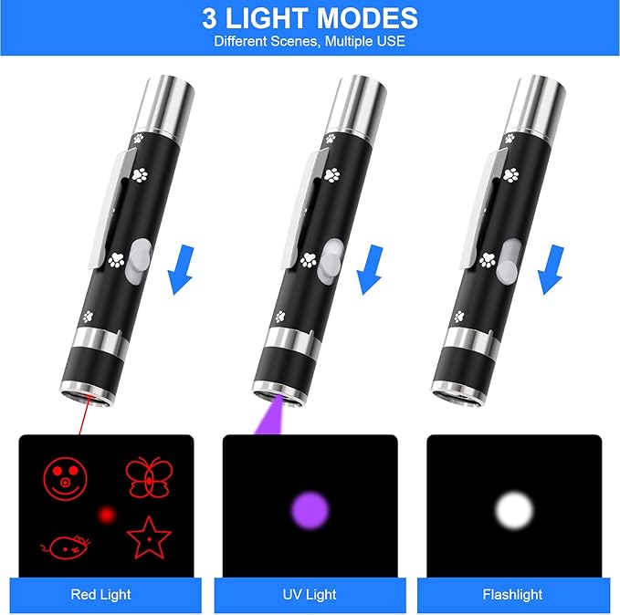 Cat Toys, USB Rechargeable Interactive Cat Mouse Toys, 3 Light Modes & 5 Adjustable Patterns, Portable Kitten Toy for Indoor Cats & Dogs, Training & Exercise Fun