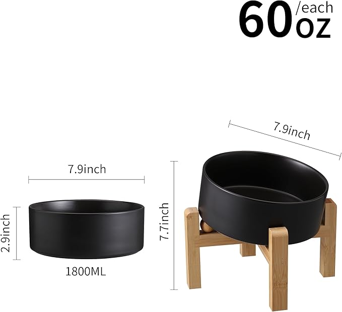 Black Elevated/Raised 15°Tilted Anti Slip Ceramic Dog Bowl for Medium & Large Breeds,Slanted Bulldog Big Face Pet Feeding Food Water Dish Stand for Dogs (7.6 Cups/60OZ)