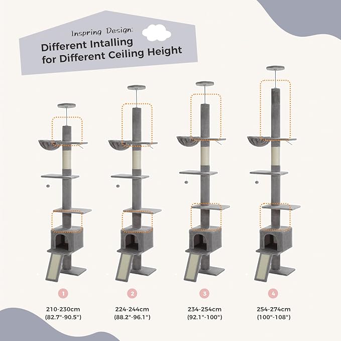 PEQULTI Floor to Ceiling Cat Tree, Tall Cat Tower, Adjustable Height (83''-108'') 5 Levels Climbing Tree for Indoor Cats with Cat Condo, Cozy Hammock and Scratching Post, Grey
