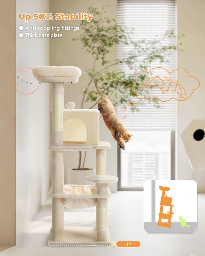 Cat Tree for Indoor Cats, 45.7" Multi-Level Cat Tower with Large Metal Frame Hammock, Cat Condo with 4 Scratching Posts and Top Perch for Small Medium Cat, Beige