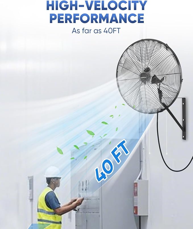 KEN BROWN 20 Inch Industrial Oscillating Wall Mount Fan 5500CFM,Heavy Duty,High Velocity,3- Speed,Black
