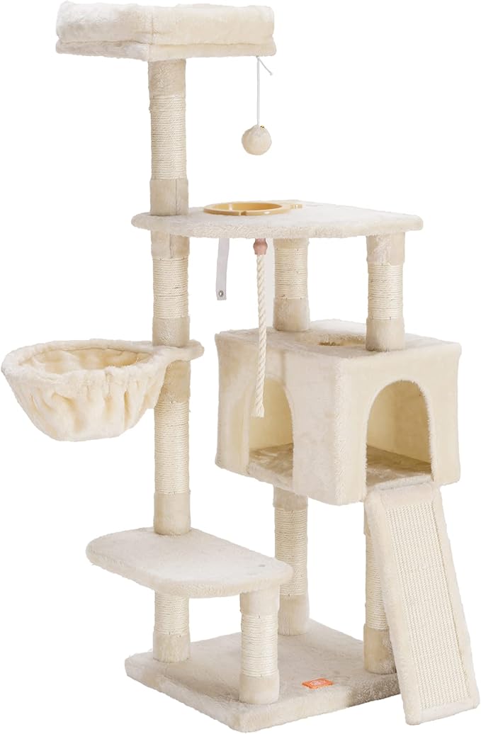 Heybly Cat Tree, Cat Tower for Indoor Cats with Scratching Board, Multi-Level Cat Furniture Condo with Feeding Bowl, Beige HCT010M