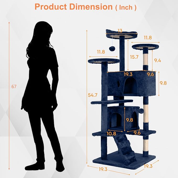54.7 inches Cat Tower - Multi-Level Cat Condo with Scratching Posts, Hanging Toys, Navy Blue