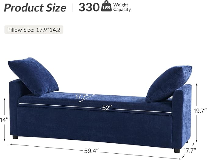 HULALA HOME Modern Storage Ottoman Bench with Throw Pillows, 59.4" Extra Long Bedroom Bench for End of Bed, Comfy Upholstered Footstool for Entryway Living Room Dining Room, Navy