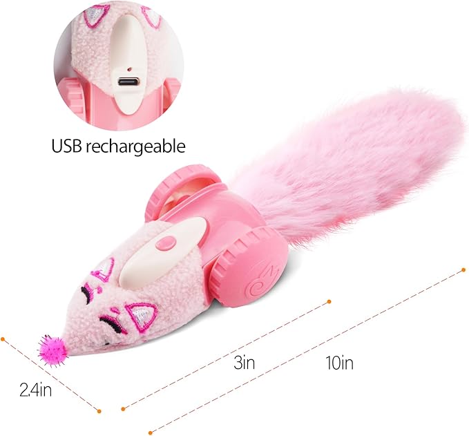 Migipaws Automatic Cat Toys, Plush Cat Mouse Toy, Interactive Toy for Indoor Cats, Smart Moving Kitten Toy, Rechargeable (Pink)