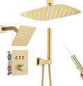 12 Inch Rain Shower System, Brushed Gold Shower Faucet Set with Push Button Diverter, 6 Inch Wall Mounted 3-Functions Bathroom Shower Systems with Dual-Function Handheld (Thermostatic, Gold Brushed)