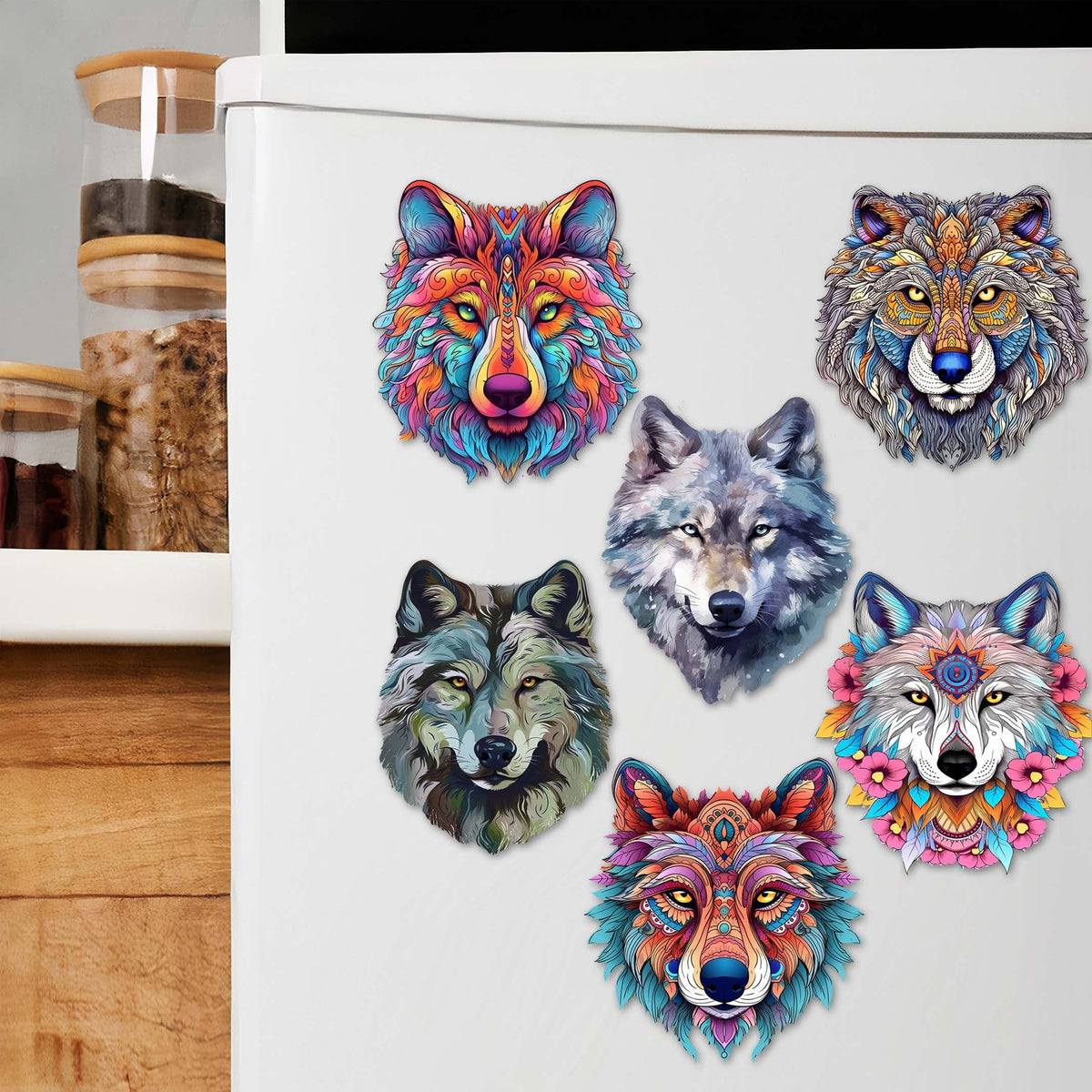Enigmatic Wolves Decorative Eco Wood Magnets Set of 6 by G. Debrekht - Wildlife Decor - 8090113G-S6