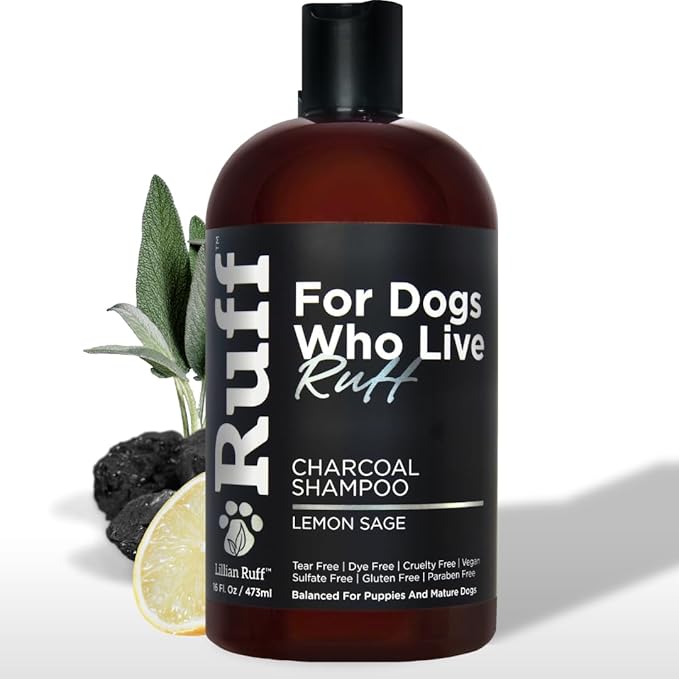Ruff by Lillian Ruff Activated Charcoal Pet Shampoo – Deep Cleanser, Deodorizer, Stain Remover – Lemon Sage Scent, pH Balanced, Hydrate Dry Itchy Skin – Safe for Puppies & Mature Dogs