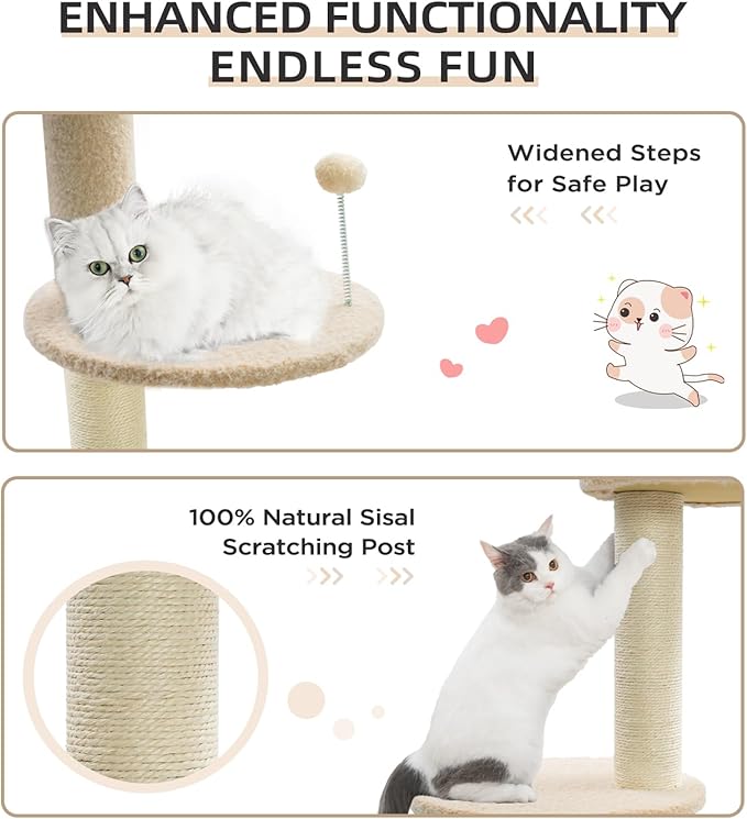 Made4Pets Floor to Ceiling Cat Tree 93-106'',Tall Cat Tower 5 Tiers, Adjustable Height, Stable Cat Tree Tower with Scratching Posts, Fluffy Condo, Hammock and Ball Toy for Indoor Cats/Kitten, Beige