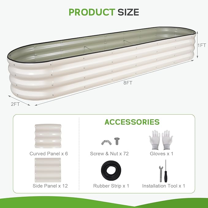 Galvanized Raised Garden Bed - 8×2×1ft Planter Raised Beds for Gardening | Oval Metal Garden Planter Box with Safety Edging and Bracing Rods for Vegetables Fruits and Flowers (White)