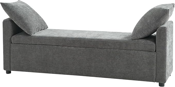 HULALA HOME Modern Storage Bench with Throw Pillows, 59.4" Extra Long Bedroom Ottoman Bench for End of Bed, Comfy Upholstered Footstool for Entryway Dining Room Living Room, Charcoal