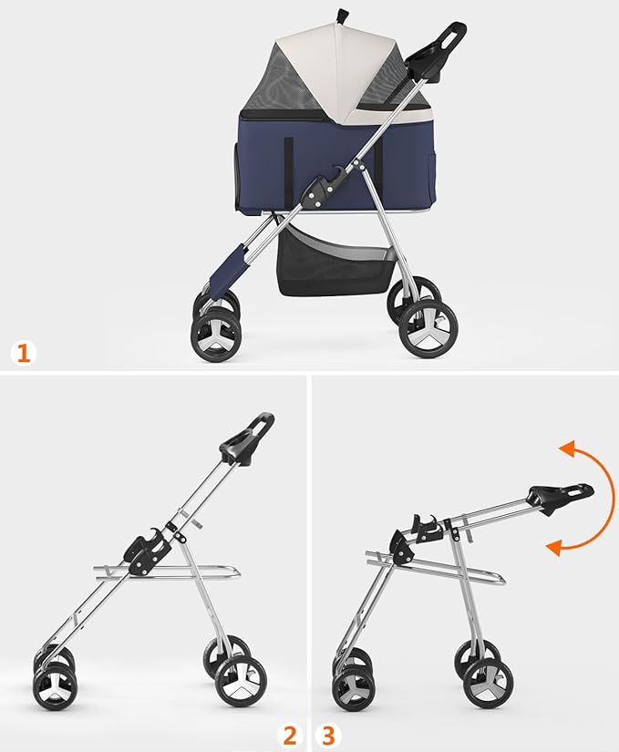 Pet Stroller with 4 Wheels for Small/Medium Pets,Travel Foldable Detachable Carrier for Dog Cat Cage Jogger Stroller, Rear Wheel Breaks, Storage Basket, Visible Mesh Weather Cover (Navy Blue)