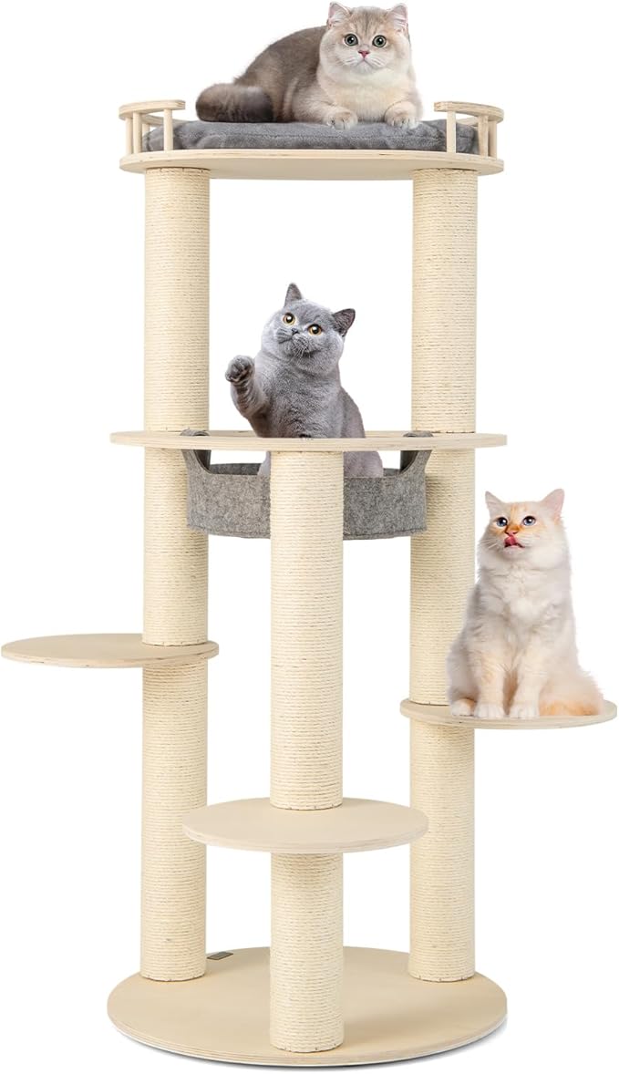 Tangkula Wood Cat Tree, 59 Inch Multi-Level Cat Tower with Top Padded Perch, Hammock, 3 Platforms & Sisal Scratching Posts, Large Modern Cat Tree Tower for Indoor Cats Kittens (59 Inch)
