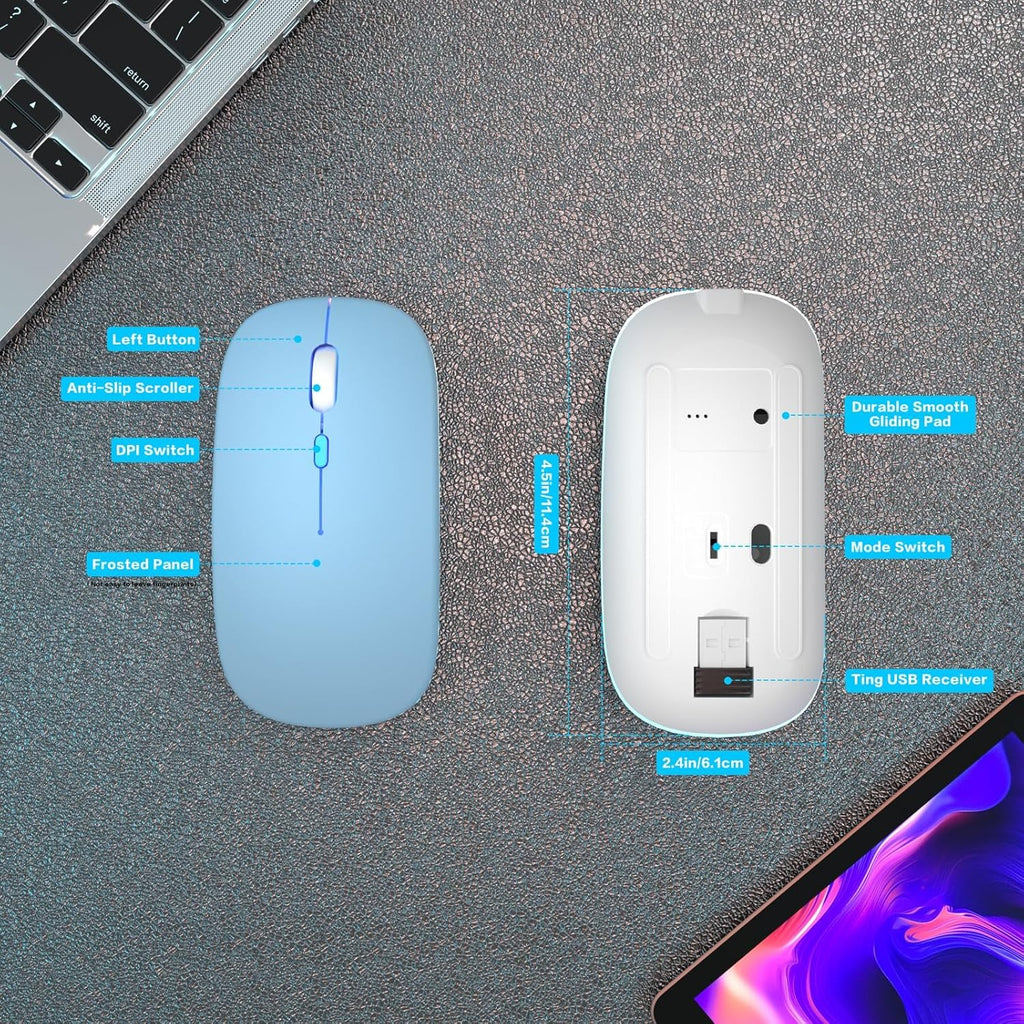 Wireless Bluetooth Mouse, Rechargeable, Dual Mode Bluetooth 5.2 & 2.4G USB, LED Lights, Slim, Silent, Portable Computer Mouse for Laptop, PC, Macbook, Ipad, Tablet (Blue)
