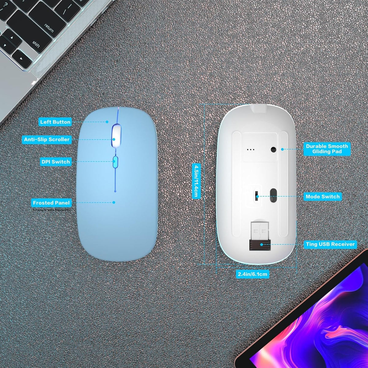 Wireless Bluetooth Mouse, Rechargeable, Dual Mode Bluetooth 5.2 & 2.4G USB, LED Lights, Slim, Silent, Portable Computer Mouse for Laptop, PC, Macbook, Ipad, Tablet (Blue)