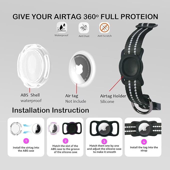 Reflective Dog Collar with Apple AirTag Holder & QR Code Pet ID Tag,Soft Nylon Adjustable Dog Tracker Collar with Safety Lock for Large Dogs(Black, L)