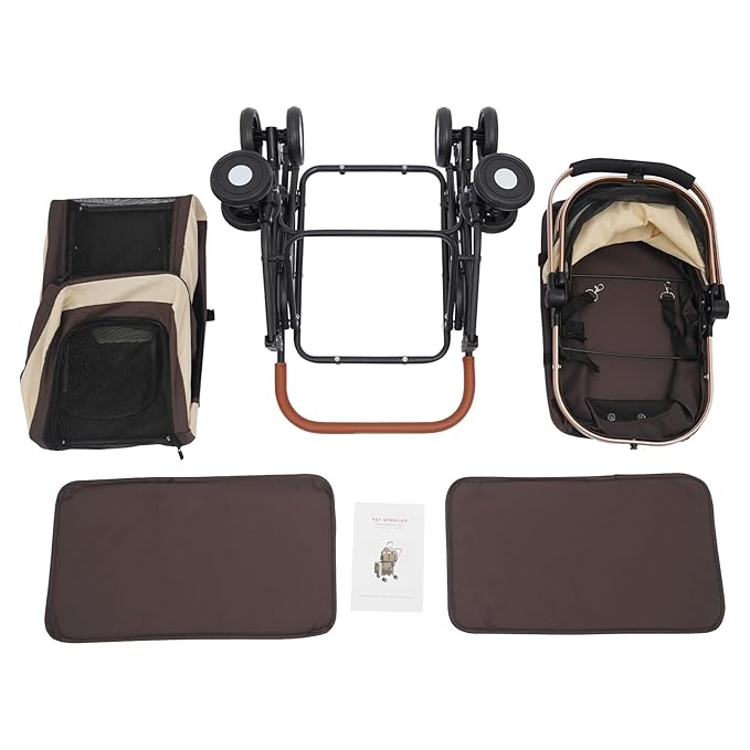 Double Pet Stroller with Detachable Carriers, Large Cat & Dog Stroller with 4 Wheels, Foldable Pet Strollers Small & Medium Dogs Cats 77lbs (Coffee Color)
