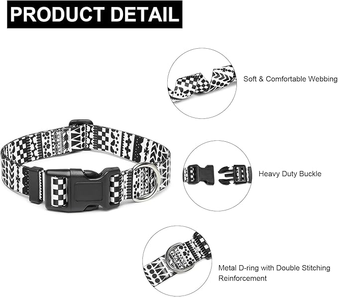 Mercano Adjustable Dog Collar - Special Design Patterns, Soft Nylon Comfortable Durable Pet Collar for Small Medium Large Dogs (XS, Black White A)