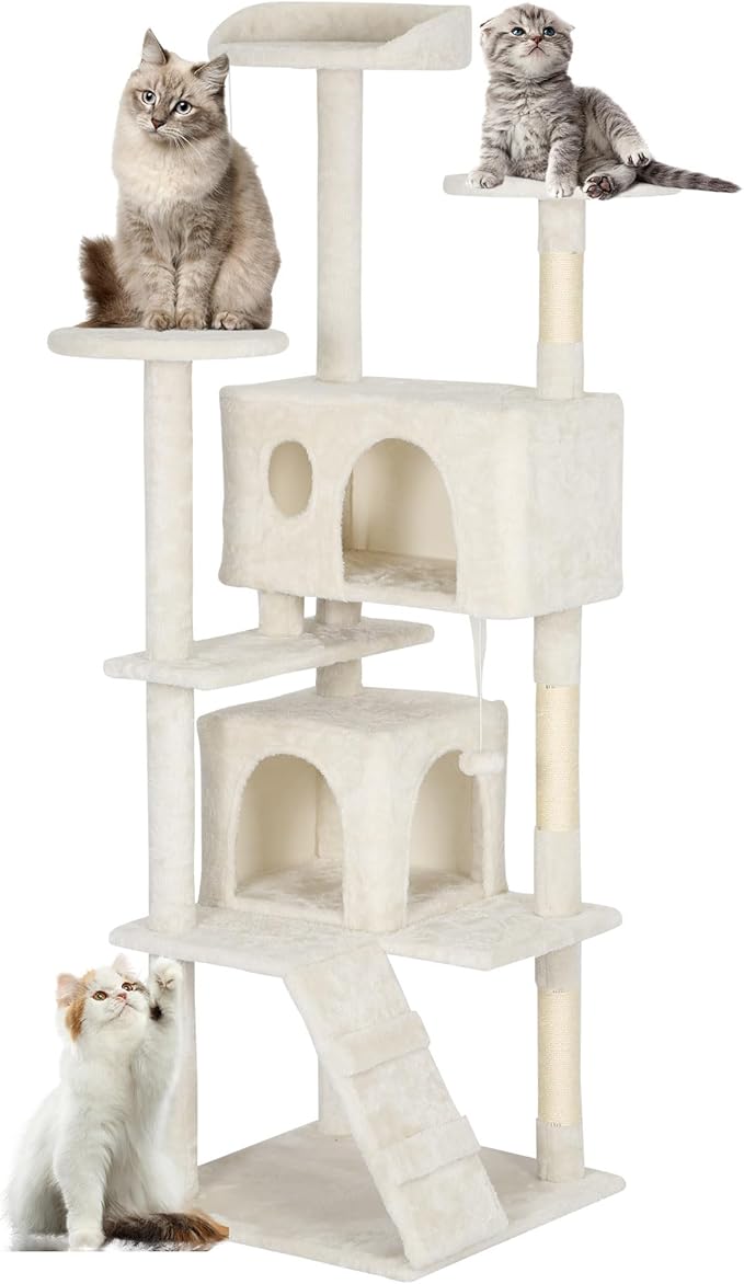 FDW Cat Tree Tower 62in Multi-Level Durable Cat Scratching Post & Cozy Fun Jumping Platform Space Saving Condo Pet Play House for Indoor Cats, Beige