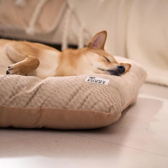 FUNNY FUZZY 2 in 1 Dog Crate Bed Pad for Large Sized Dog, Washable Reversible Pet Soft Mats,Durable Fluffy Kennel Mattress,Indoor Cats, 35" × 23", Beige