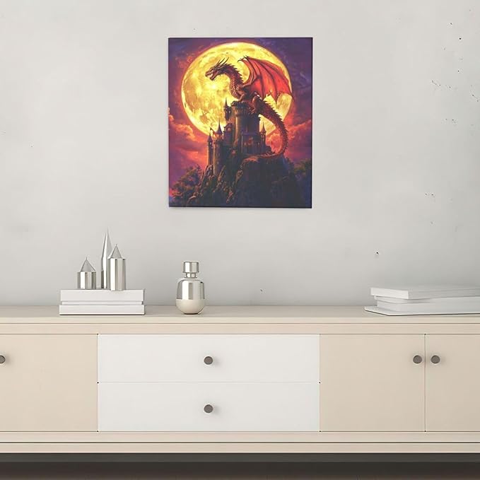 Dragon Bathroom Pictures Wall Art, Red Dragon Castle Bathroom Wall Decor, Framed Painting Canvas Artwork for Bedroom Living Room Decorations 24"L x 20"W
