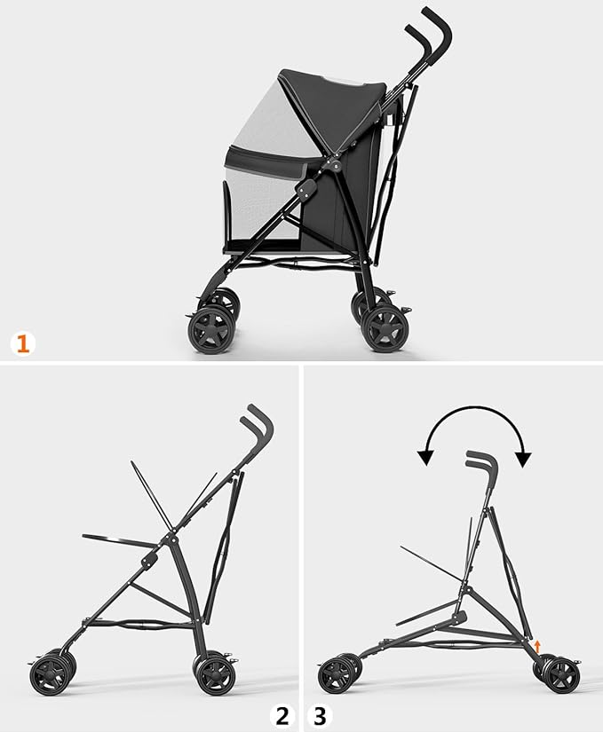 Pet Stroller with 4 Wheels for Small/Medium Pets, Portable Travel Foldable Carrier Jogger for Dog Cat Puppy Kitty, Rear Wheel Breaks, Storage Basket, Visible Mesh with Weather Cover (Black)