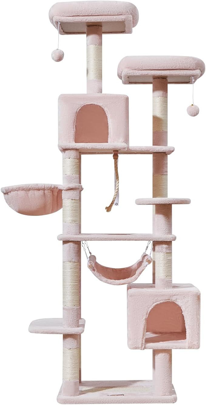 Taoqimiao Cat Tree, 71-Inch Cat Tree Cat Tower for Indoor Cats, Plush Multi-Level Cat Condo with 10 Scratching Posts, 2 Perches,Basket, 2 Caves,Hammock, 2 Pompoms,MS020P Jelly Pink