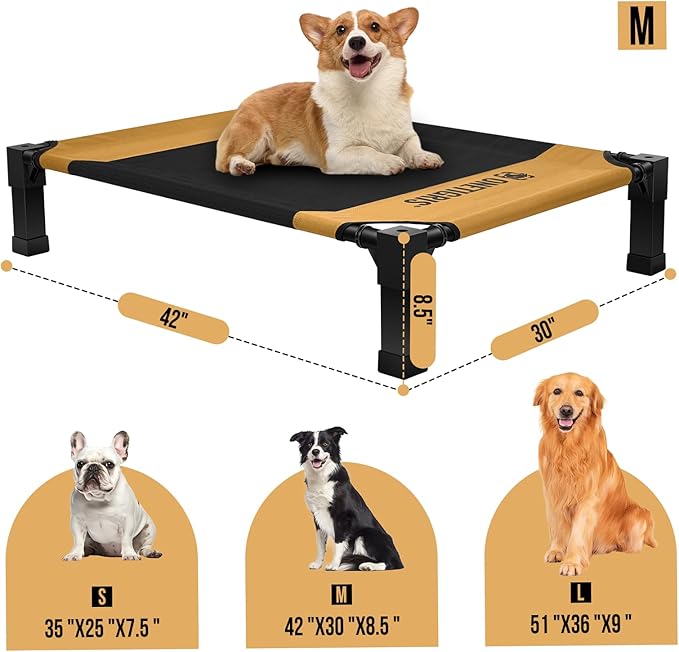 ONETIGRIS Elevated Dog Cot, Raised Bed for Medium Large Dogs Indoor Outdoor Cooling Elevated Dog Beds with Breathable Teslin Mesh and No-Slip Feet (Brown, Medium)