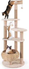 PETSITE 65 inch Cattail Cat Tree Tower, Multi-Level Cat Tower with Natural Jute Scratching Posts, Cat Bed, Top Perch, Dangling Balls and Jumping Platforms, Modern Tall Cat Tree for Indoor Cats