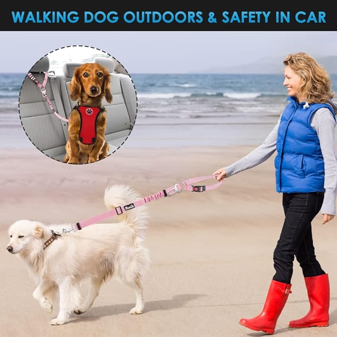 SlowTon Dog Seat Belt for Car, 2 Pack Dog Car Harness Seatbelt Adjustable with Elastic Bungee Buffer, 2 in 1 Pet Car Leash Headrest Restraint Dog Reflective Safety Tether (Pink, Headrest+Clip)