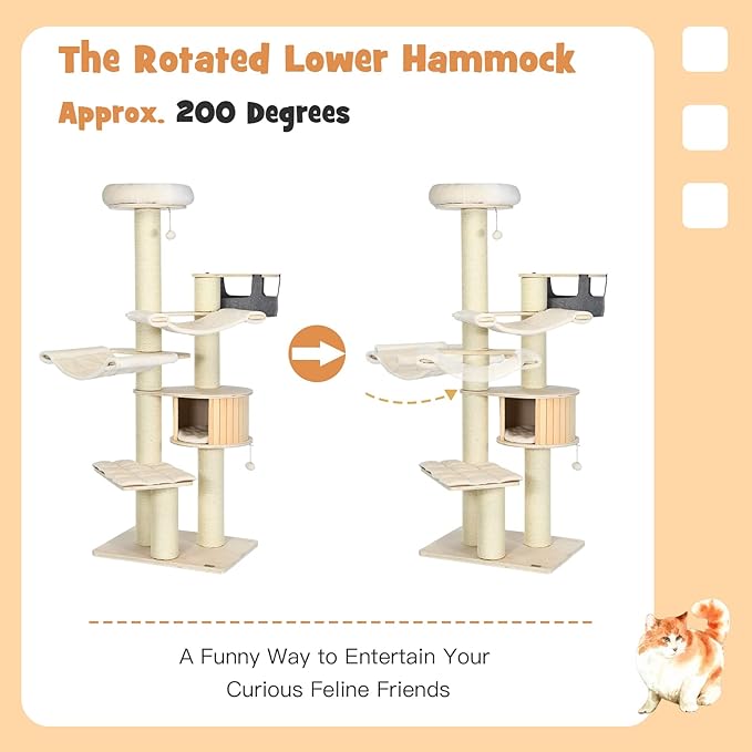 PETSITE 77.5" Tall Cat Tree, Multi-Level Modern Cat Tower with Sisal Scratching Posts, Top Perch, Cat Condo, Hammocks, Hanging Basket, and Jingling Balls, Cat Tree Tower for Indoor Cats Large Adult