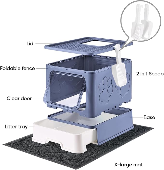 Cat Litter Box with X-Large Litter Mat and Scoop, Large Foldable Litter Box with Lid, Enclosed Kitty Box,Front Top Entry Exit, Odor Control Easy to Clean (Upgrade Midnight)