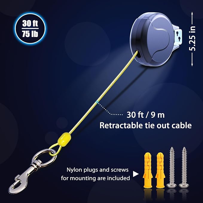 30ft Wall Mount Retractable Dog Tie Out Cable for Small to Large Dogs Between 20-75 lbs, Patented Retractable Dog Lead Great for Yard/Garden - Durable for 70,000 Cycles (Black, 30ft)