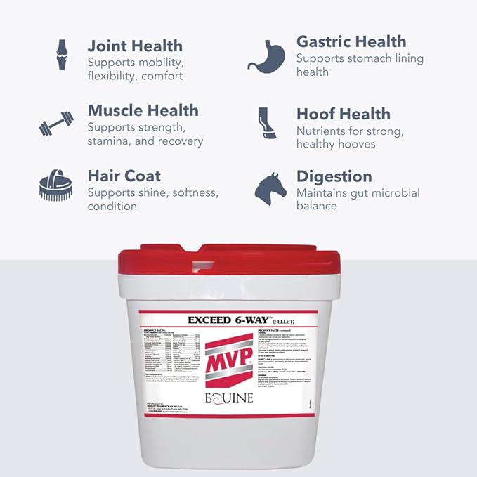 MVP Exceed 6-Way (16lb) High Level Performance Horse Support Pellets. Joint, hoof, Hair, gastric, Digestion and Muscle Support.