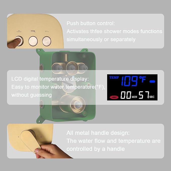 Temperature Display Brushed Gold Shower System Set, Push Button Shower Faucet with 12 inch Ceiling Mount Shower Head and 8 inch Wall Mount Shower Head, with Handheld Shower