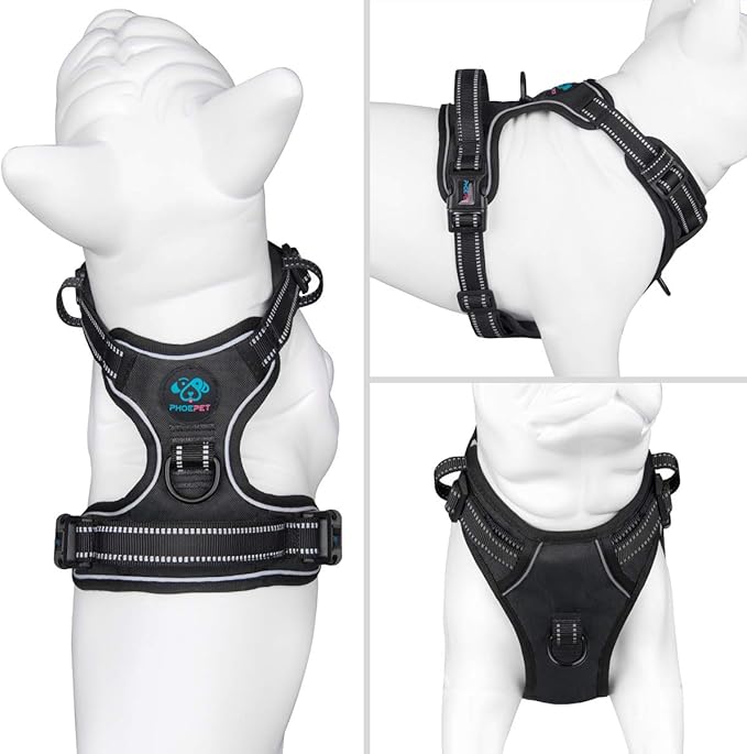 PHOEPET Reflective Dog Harness No Pull Large Breed Vest with 2 Metal Leash Attachment Hooks(L, Black)