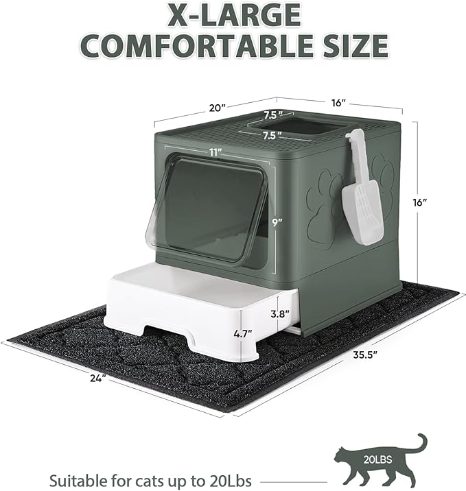 Cat Litter Box with X-Large Litter Mat and Scoop, Large Foldable Litter Box with Lid, Enclosed Kitty Box,Front Top Entry Exit, Odor Control Easy to Clean (Upgrade Olive Green)