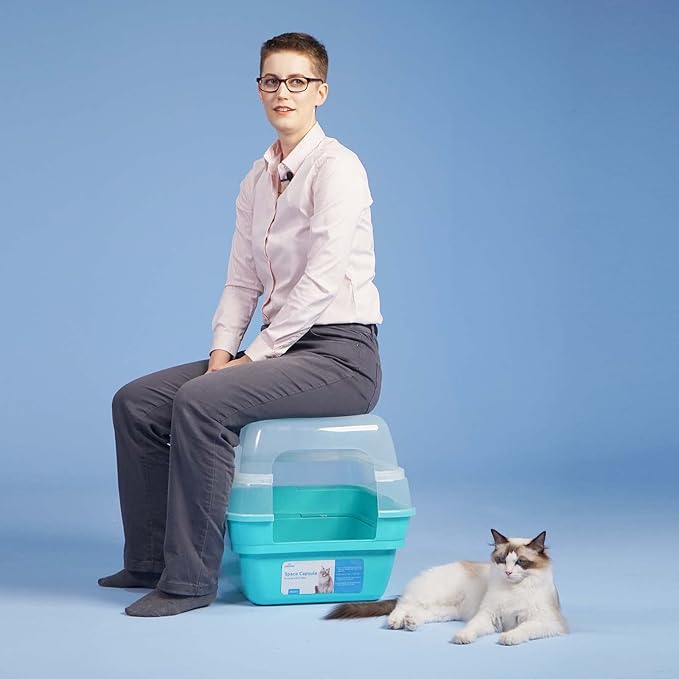 Petfamily Cat Litter Box, Large Foldable Jumbo Hooded Cat Litter Box with Transparent Lid (Teal)
