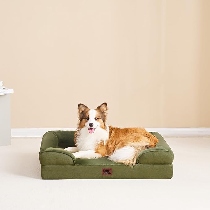 EHEYCIGA Orthopedic Dog Beds for Large Dogs, Waterproof Memory Foam Large Pet Bed with Sides, Non-Slip Bottom and Egg-Crate Foam Dog Couch Bed with Washable Removable Cover, Olive Green