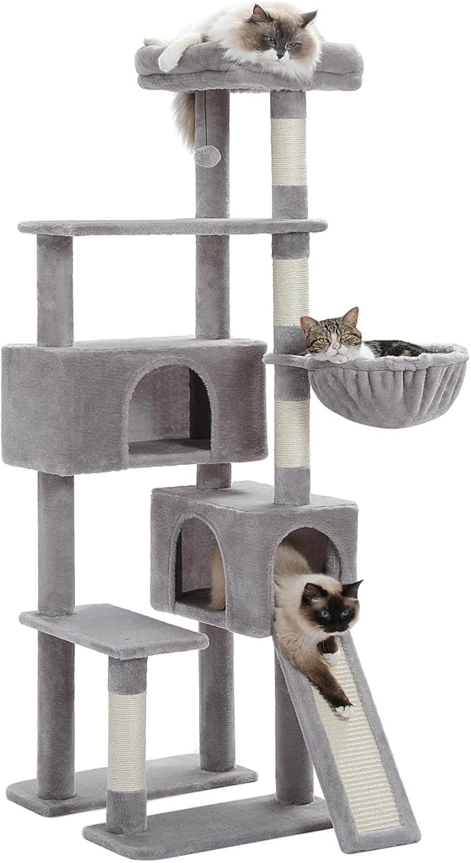 PAWZ Road Cat Tree, 60 Inches Cat Tower with Dual Condos, Spacious Perch, Cozy Basket and Sisal-Covered Scratching Posts for Indoor Cats- Gray